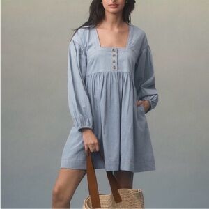 Anthropologie Long-Sleeve Square-Neck Denim Babydoll Mini Dress Large